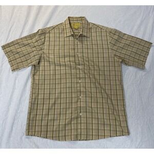 PJ Mark Mens Plaid Short Sleeve Button Up Shirt Size L Yellow Tan Casual